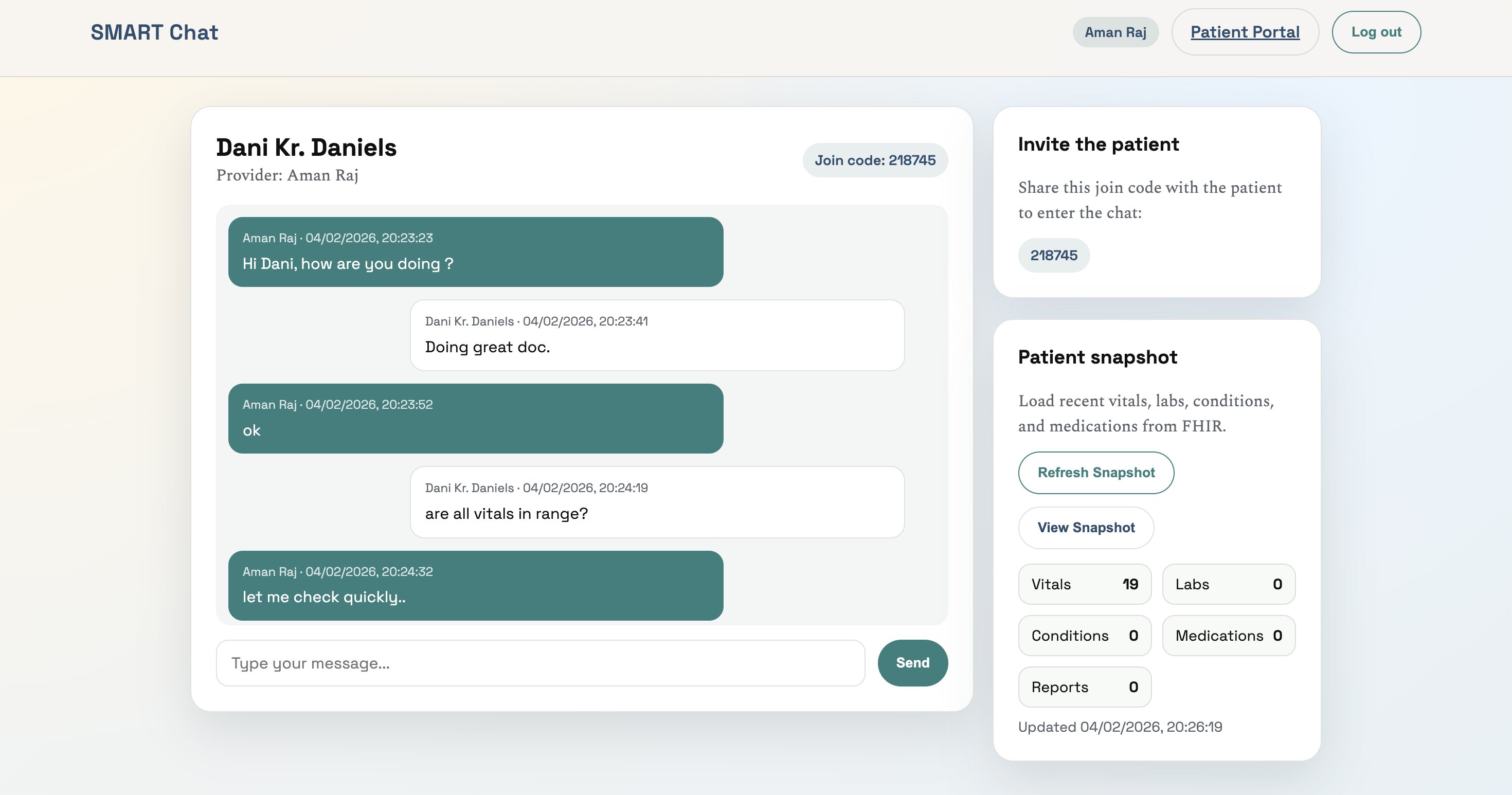 SMART on FHIR chat application for clinicians providers and patients